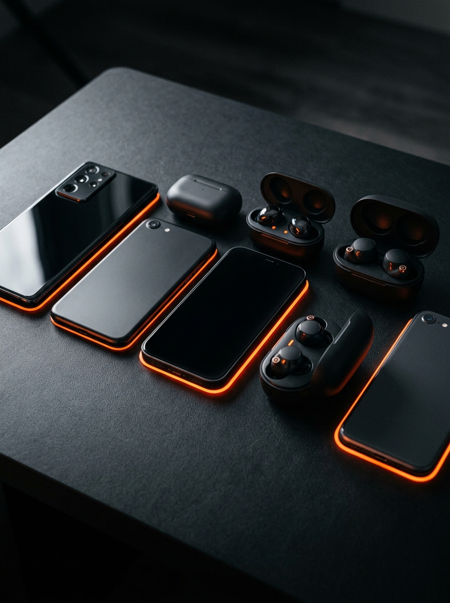Premium electronics arranged on a dark surface