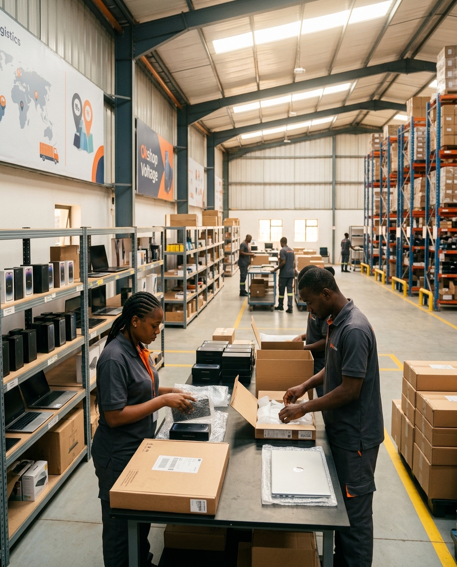 Okshop team packing electronics for delivery across Africa