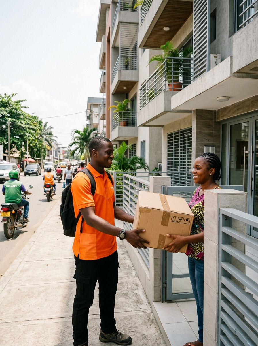 Okshop courier delivering an electronics parcel to a customer