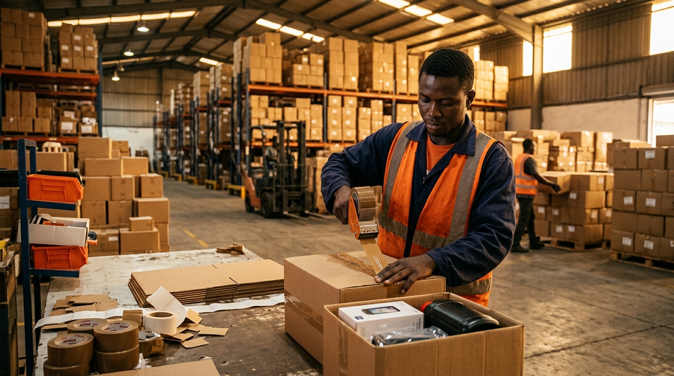 Okshop team preparing electronics parcels for delivery across Africa